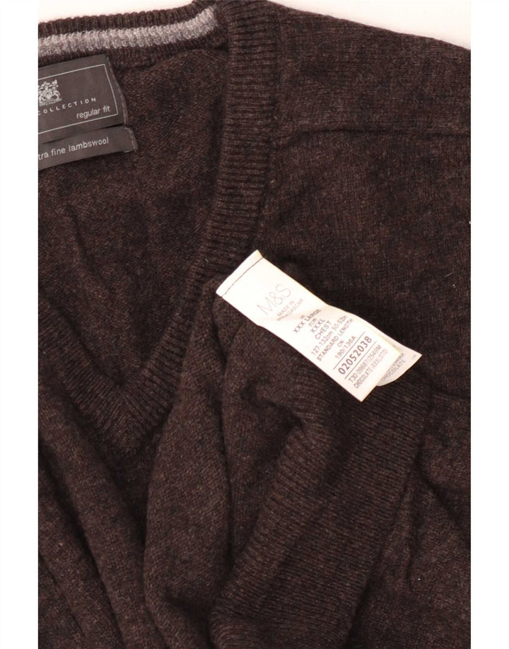 Marks & Spencer Pull coupe classique à col en V pour homme en laine marron 3XL