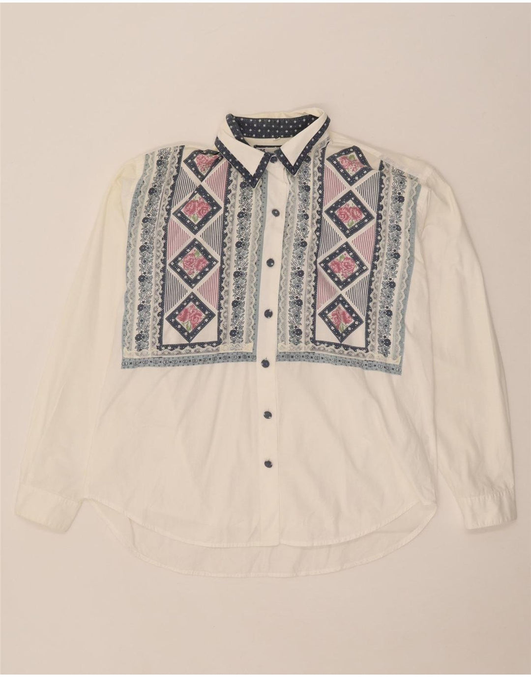 Chemise vintage féminine oversize UK 14 Medium Blanche à motif géométrique en coton