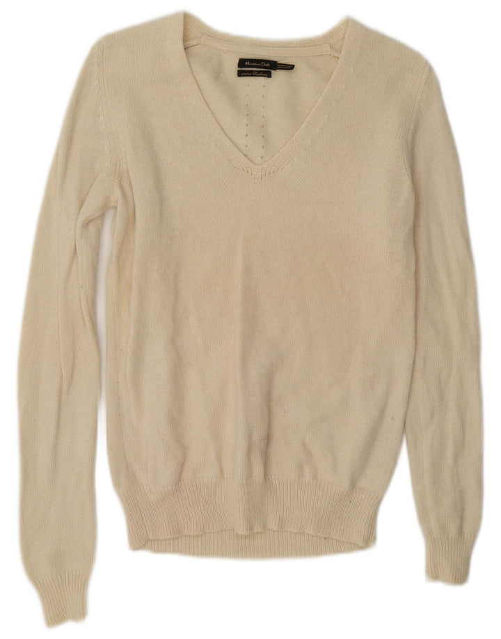 Massimo Dutti Pull col V pour femme UK 14 Medium Off White Cashmere