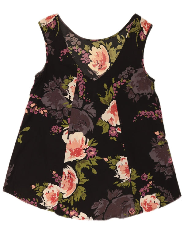 vintage Femmes Crop Sans Manches Blouse Top UK 10 Petit Noir Floral