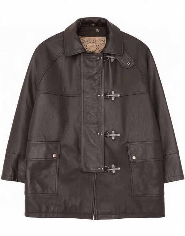 vintage Femmes Manteau en cuir surdimensionné UK 14 Moyen Noir