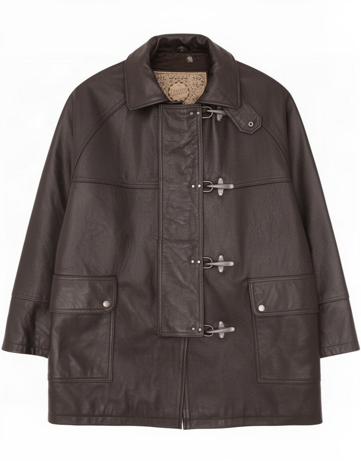 vintage Femmes Manteau en cuir surdimensionné UK 14 Moyen Noir