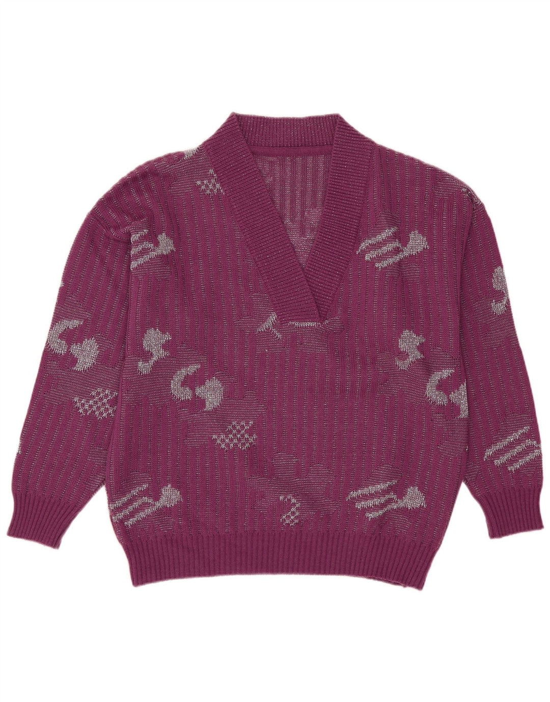 vintage Femme Col V Pull Pull IT 44 Acrylique Violet Moyen