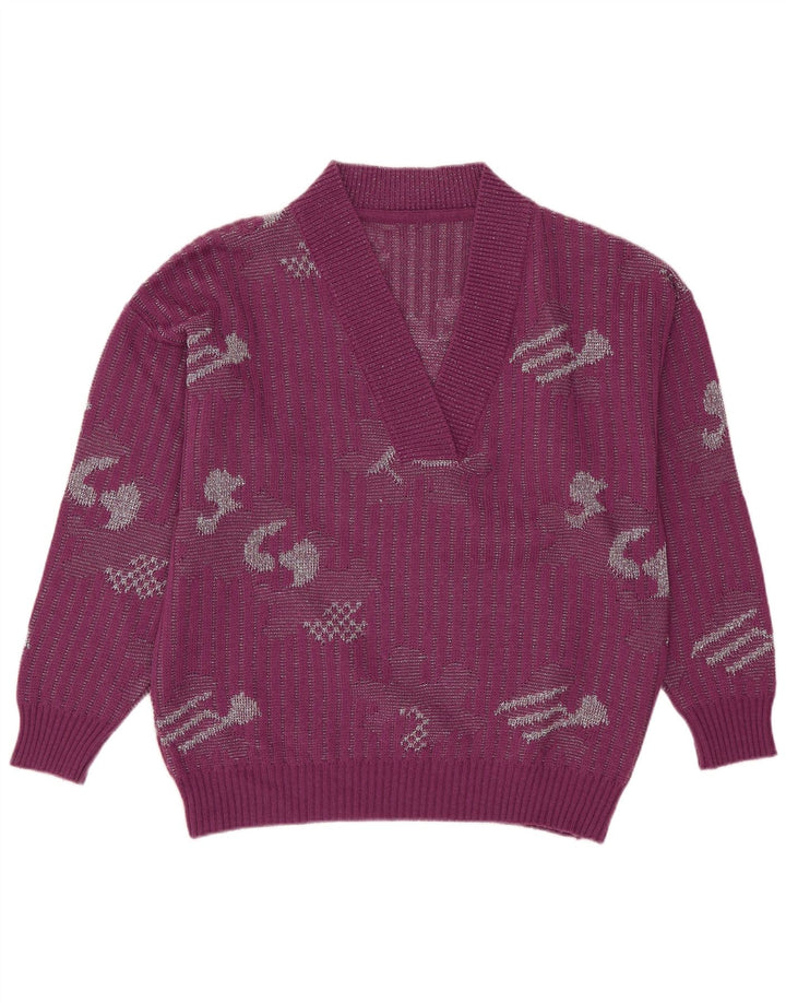 vintage Femme Col V Pull Pull IT 44 Acrylique Violet Moyen