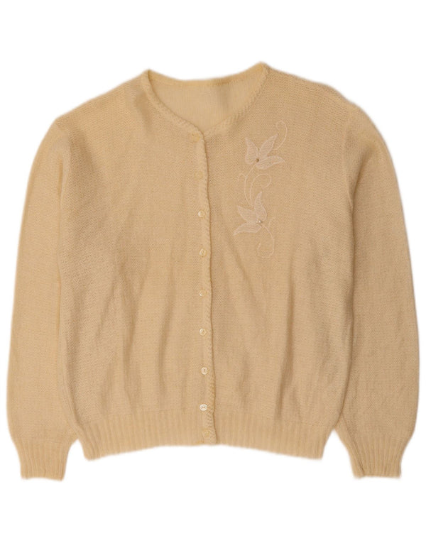 VINTAGE Womens Cardigan Sweater UK 14 Medium Beige Floral Mohair