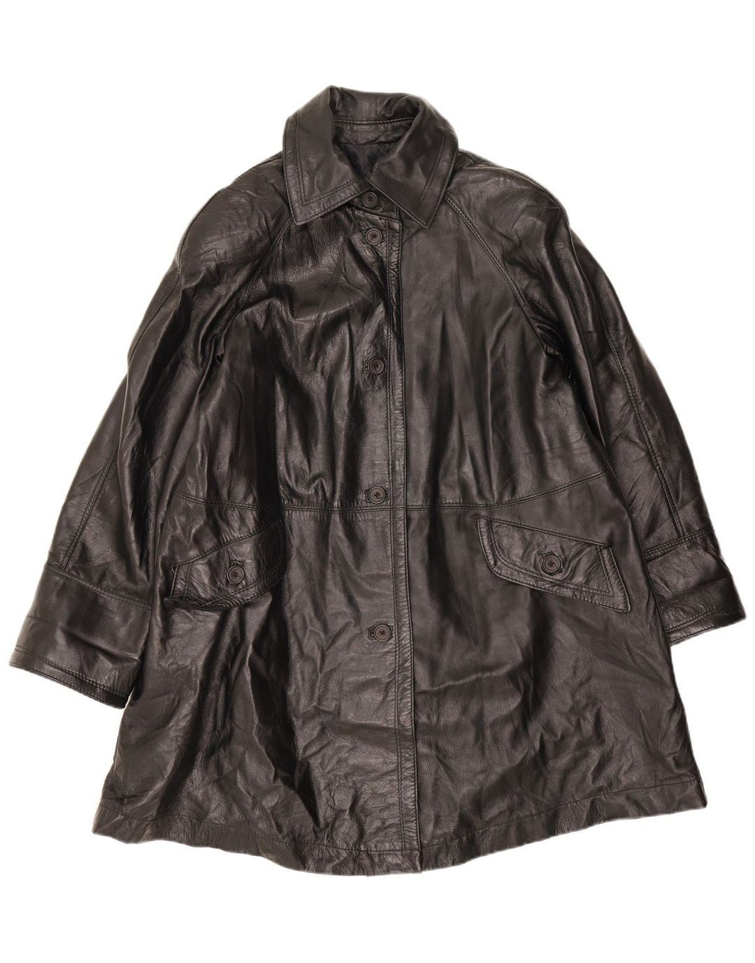 vintage Femmes Manteau en cuir surdimensionné UK 10 Petit cuir noir