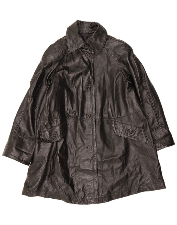 vintage Femmes Manteau en cuir surdimensionné UK 10 Petit cuir noir