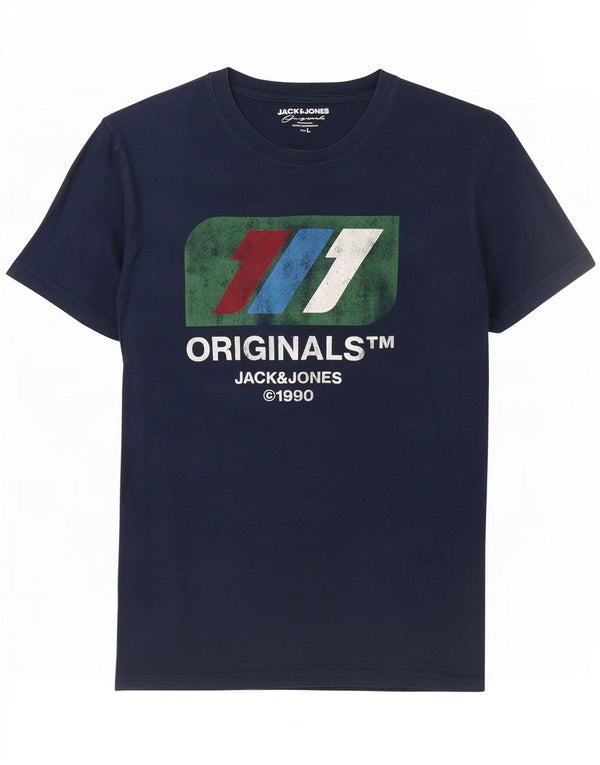 Jack & Jones Mens Graphic T-Shirt Top Large Navy Blue Cotton