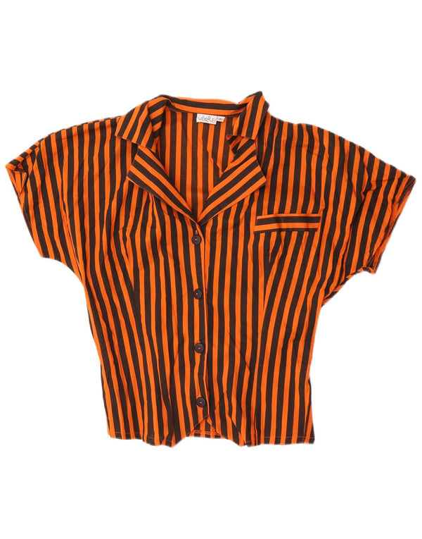 vintage Femme Chemise À Manches Courtes Blouse UK 10 Petit Coton Rayé Orange