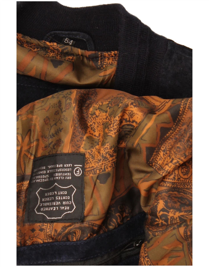 VINTAGE Veste Bomber En Daim Homme IT 54 2XL Cuir Bleu Marine