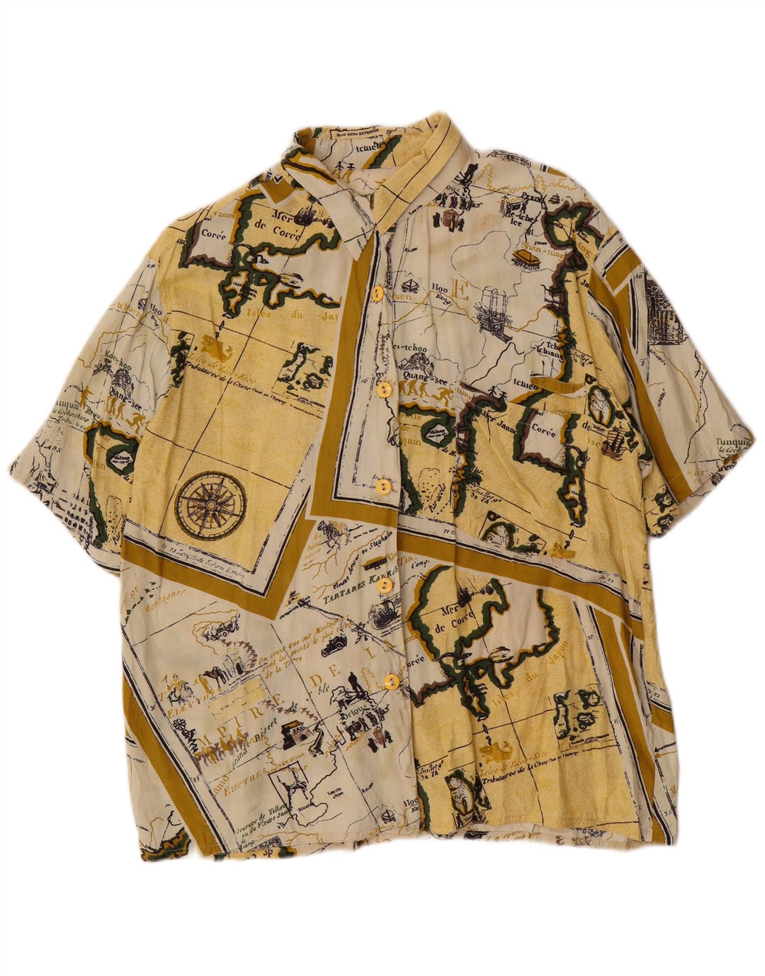 vintage Femme Manches Courtes Motif Abstrait Chemise UK 14 Grand Jaune