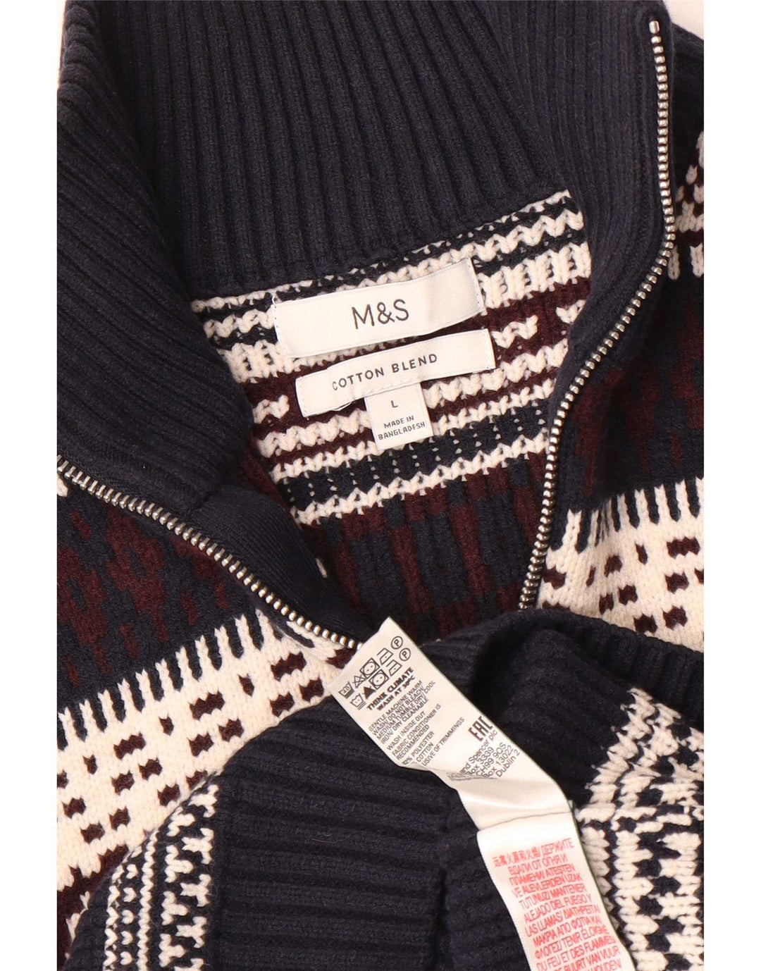 Marks & Spencer Pull à col zippé pour homme Taille L Bleu marine Fair Isle
