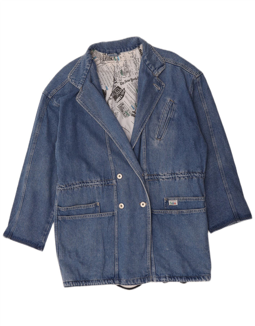 vintage Femmes Longline Double Breasted Blazer Veste UK 16 Grand Bleu