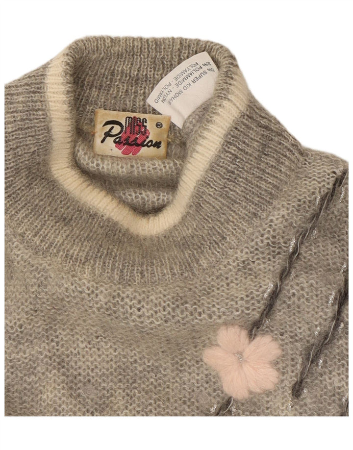 VINTAGE Femme Col Roulé Pull Pull UK 18 XL Gris Floral Mohair