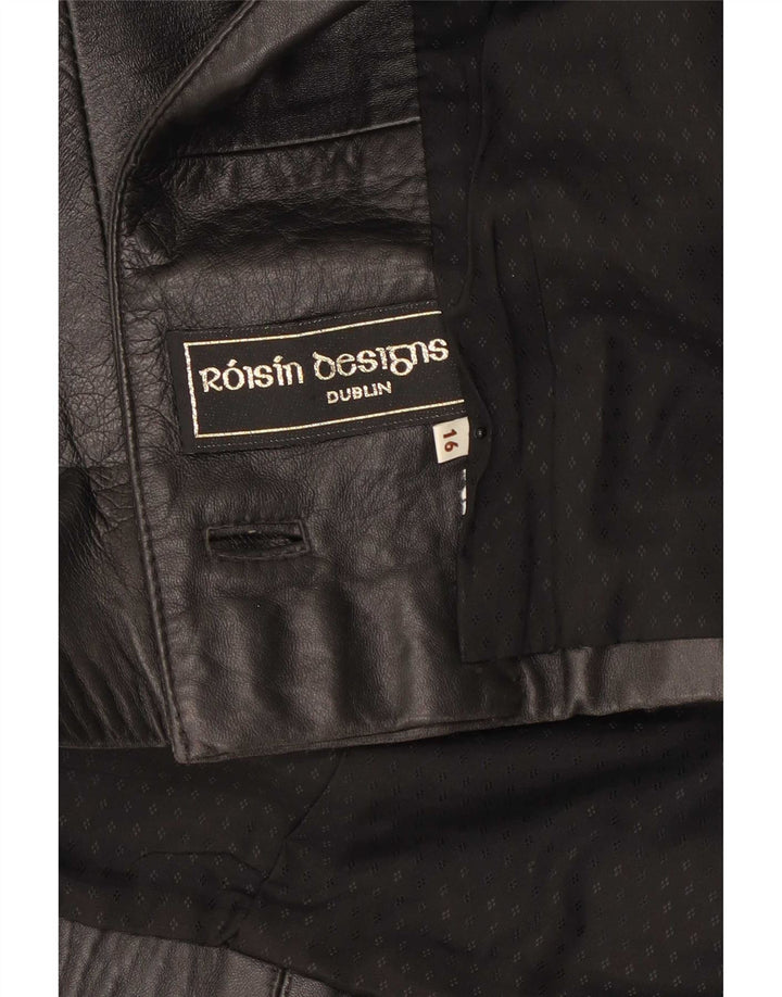 vintage Femmes 3/4 Manches Veste en cuir surdimensionnée UK 16 Grand Noir