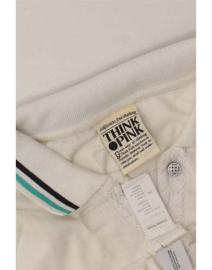 THINK PINK Polo graphique pour femme UK 8 petit coton blanc