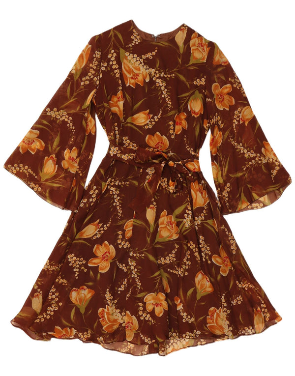 vintage Femmes 3/4 Manches A-Line Robe UK 12 Medium Brown Floral