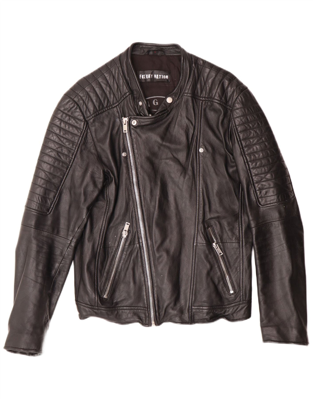 Freaky Nation Veste de motard en cuir pour homme UK 38 Cuir noir moyen