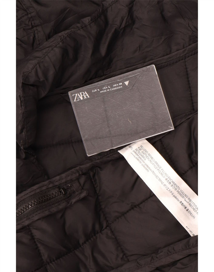 ZARA Manteau matelassé à capuche pour femme UK 16 Large Noir Polyester