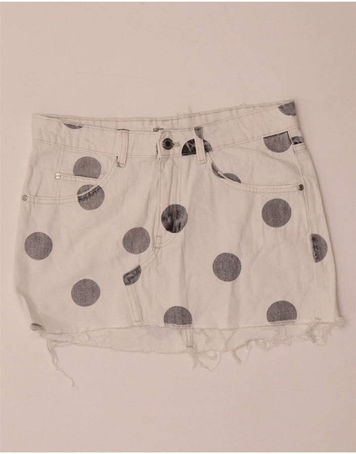 Zara Femme Trafaluc Mini Jupe En Jean Moyen W28 Blanc À Pois