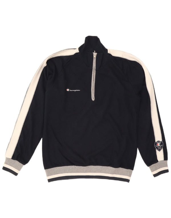 Champion Mens Zip Neck Sweatshirt Jumper Large Navy Blue Colourblock Cotton