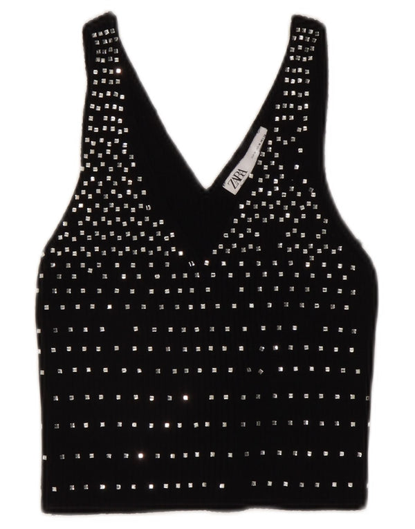 Zara Haut court sans manches pour femme UK 12 Medium Noir à pois