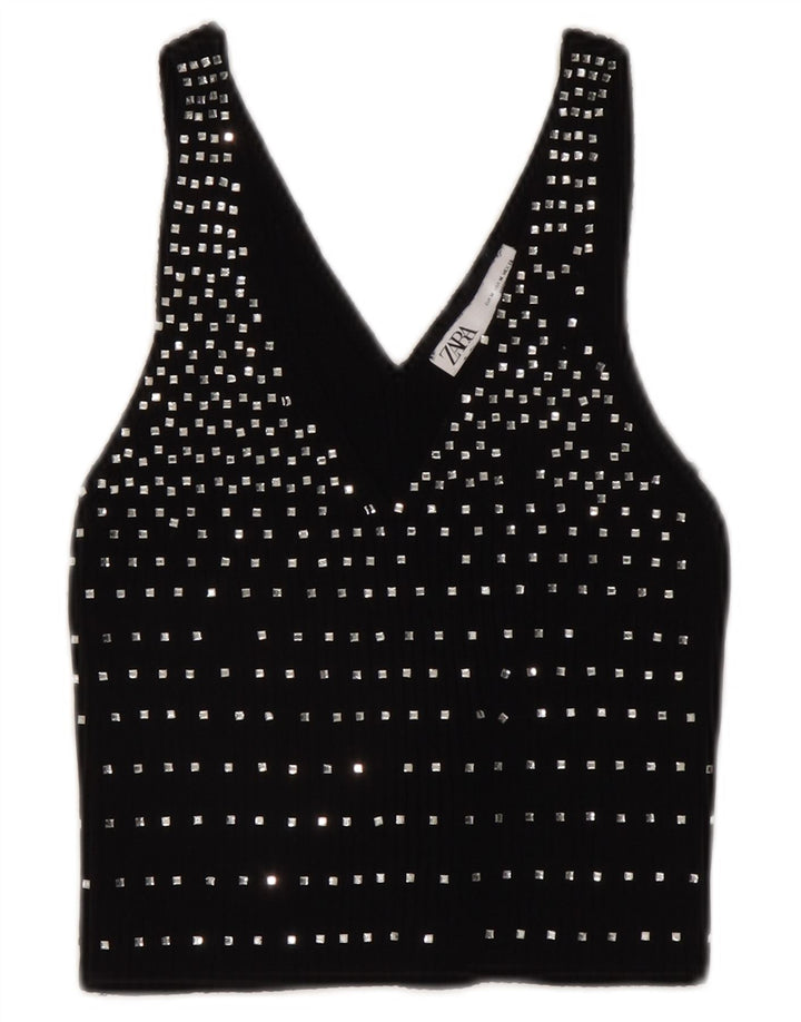 Zara Haut court sans manches pour femme UK 12 Medium Noir à pois