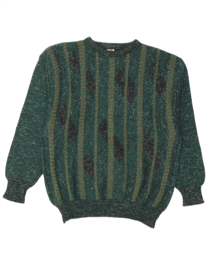 vintage Mens Crew Neck Jumper Pull IT 50 Moyen Vert Rayé
