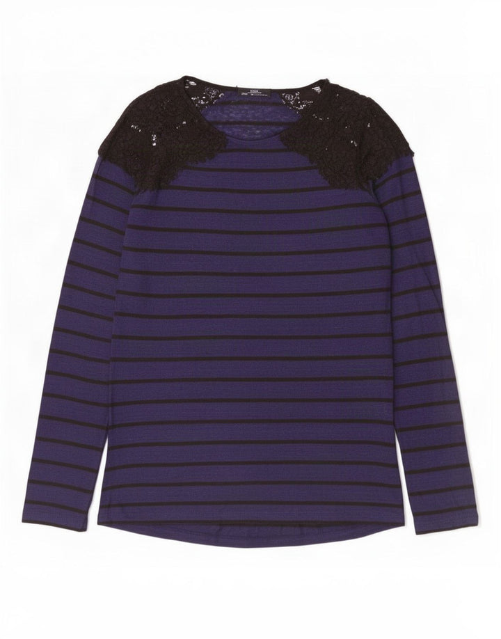 Zara Femme Top Manches Longues UK 14 Large Bleu Marine Rayé