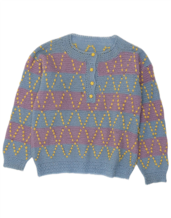 VINTAGE Femme Bouton Neck Jumper Pull UK 12 Bleu Moyen Rayé