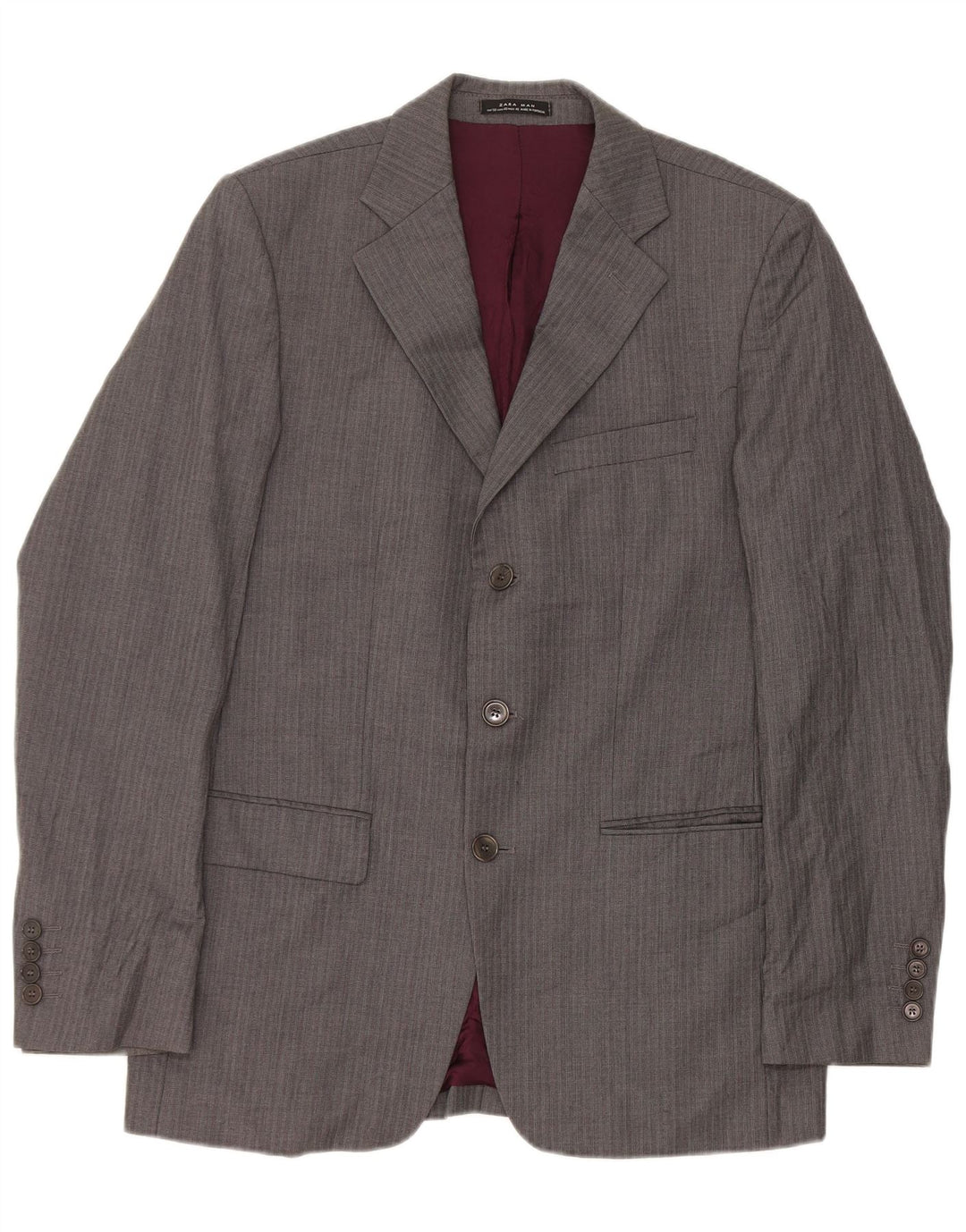 Zara Veste Blazer 3 Boutons Homme EU 50 Laine Rayée Gris Moyen