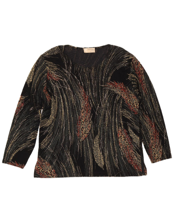 Vintage Womens Abstract Pattern Top Long Sleeve UK 16 Large Black Viscose