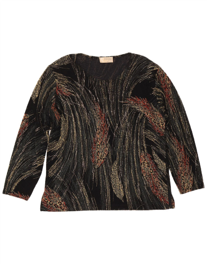 vintage Femmes Motif Abstrait Top Manches Longues UK 16 Grande Viscose Noire