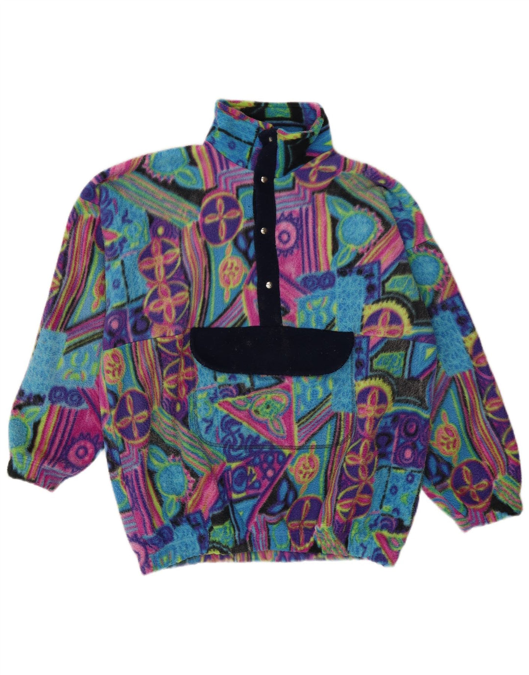 vintage Mens Anorak Fleece Jumper Grand Polyamide Géométrique Multicolore