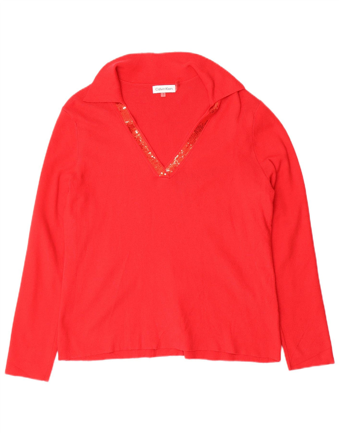 CALVIN KLEIN Pull à col polo pour femme UK 14 Viscose rouge moyen