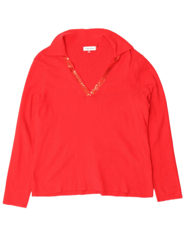 CALVIN KLEIN Pull à col polo pour femme UK 14 Viscose rouge moyen