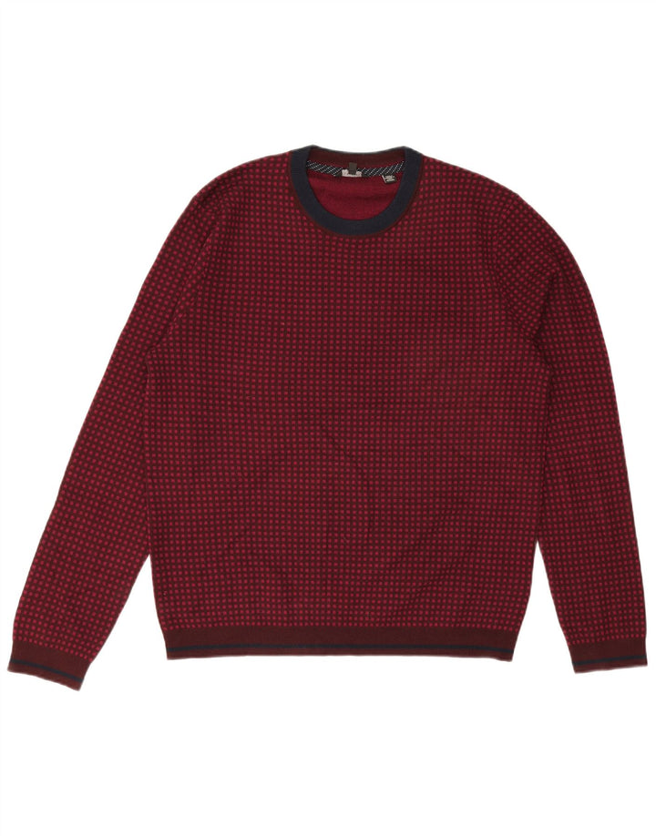 Ted Baker Pull col rond pour homme Taille 5 XL Laine à carreaux bordeaux