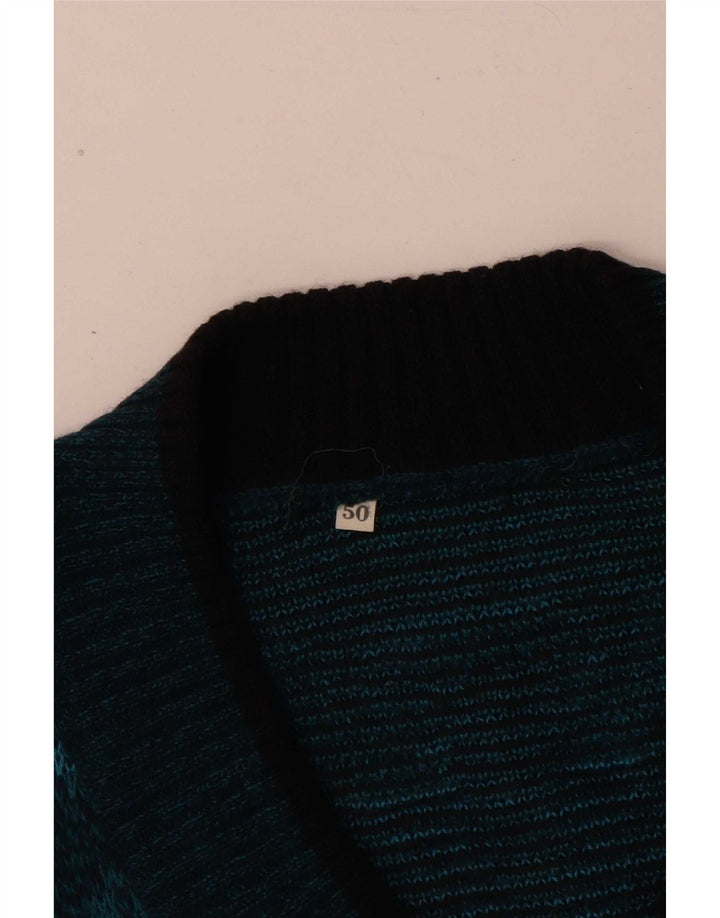 vintage Homme Col V Pull Pull IT 50 Bleu Moyen Fair Isle