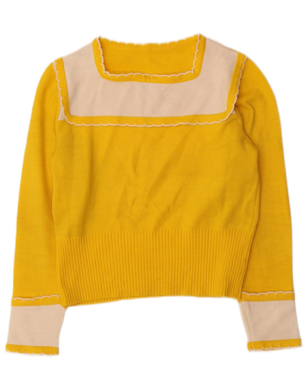 vintage Womens Crop Boat Neck Jumper Pull UK 10 Petit Colorblock Jaune