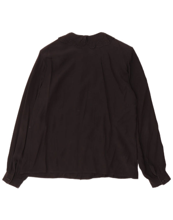 vintage Femme Chemise Blouse UK 12 Acétate Noir Moyen