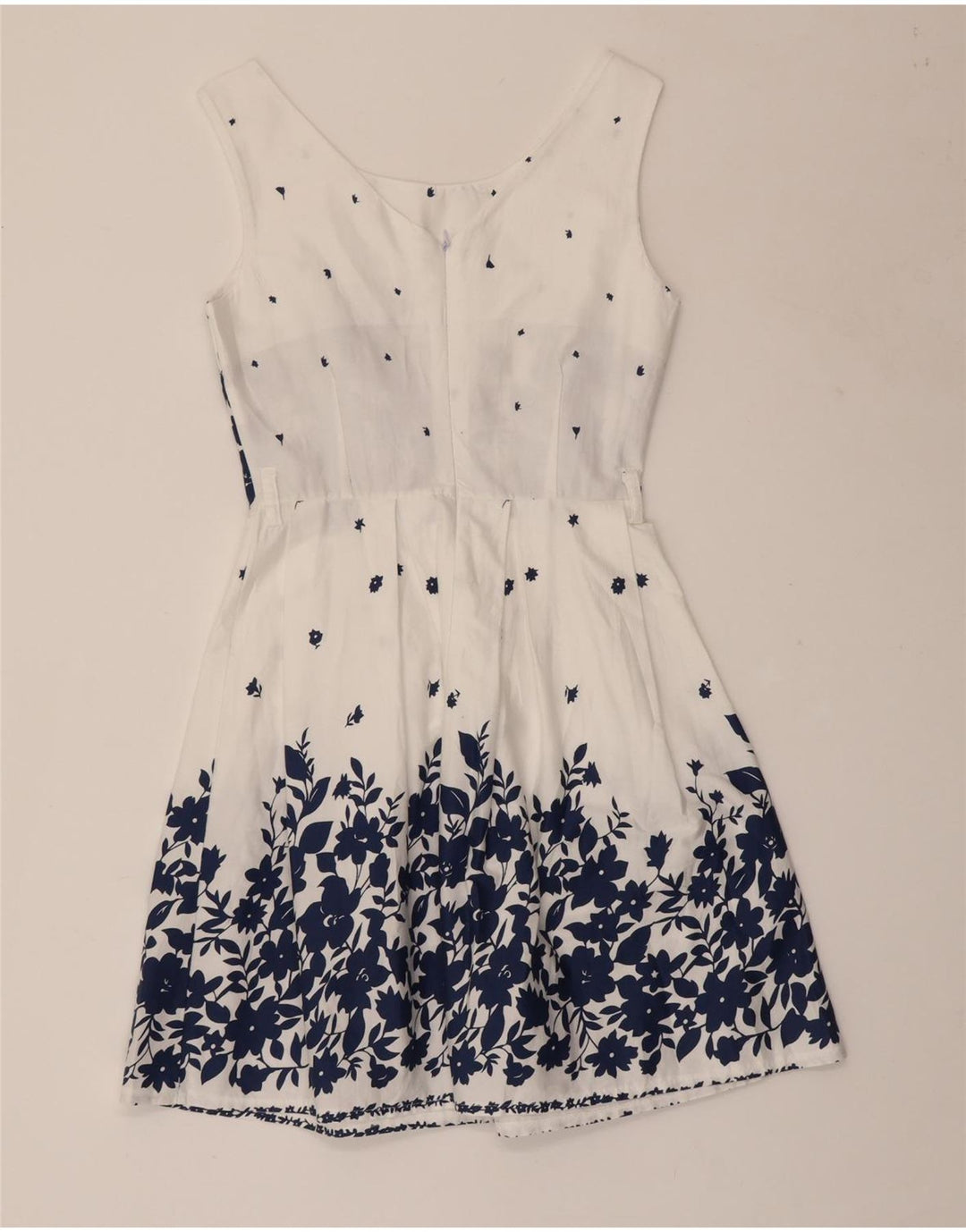 VINTAGE Robe trapèze sans manches pour femme UK 8 Petit coton floral blanc