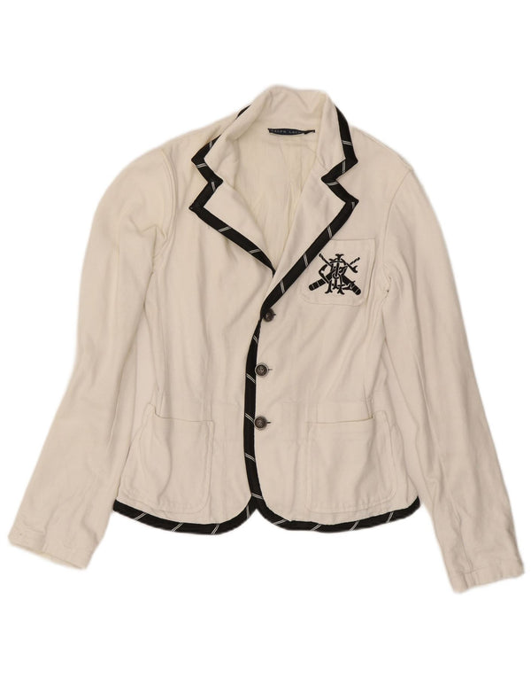 RALPH LAUREN Veste blazer courte à 3 boutons pour femme UK 12 Blanc moyen