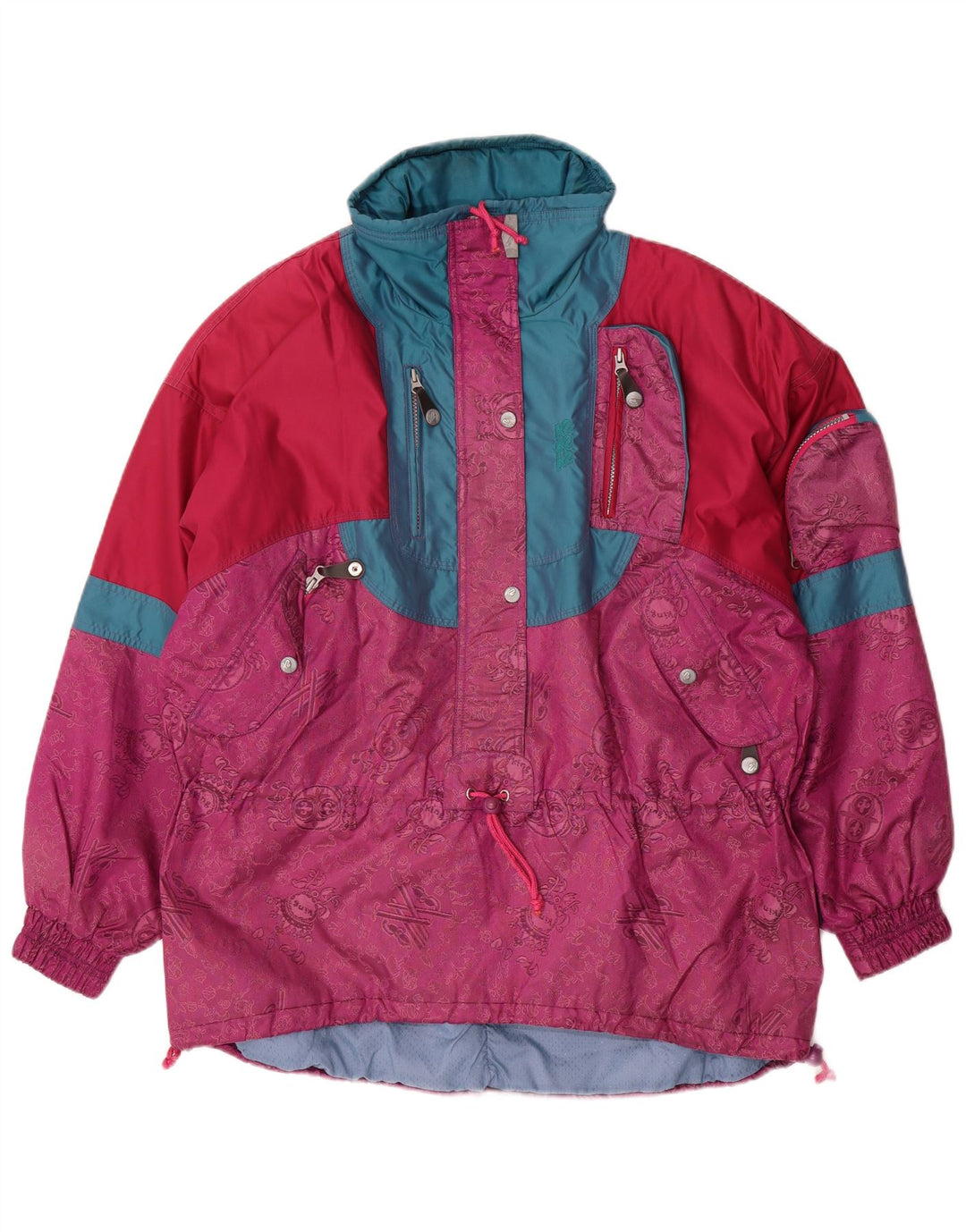 vintage Womens Pullover Veste de ski surdimensionnée UK 16 Grand Colorblock Rose