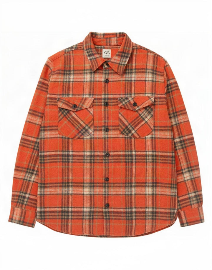 Zara Chemise en flanelle coupe décontractée pour hommes, grand carreaux orange en polyester