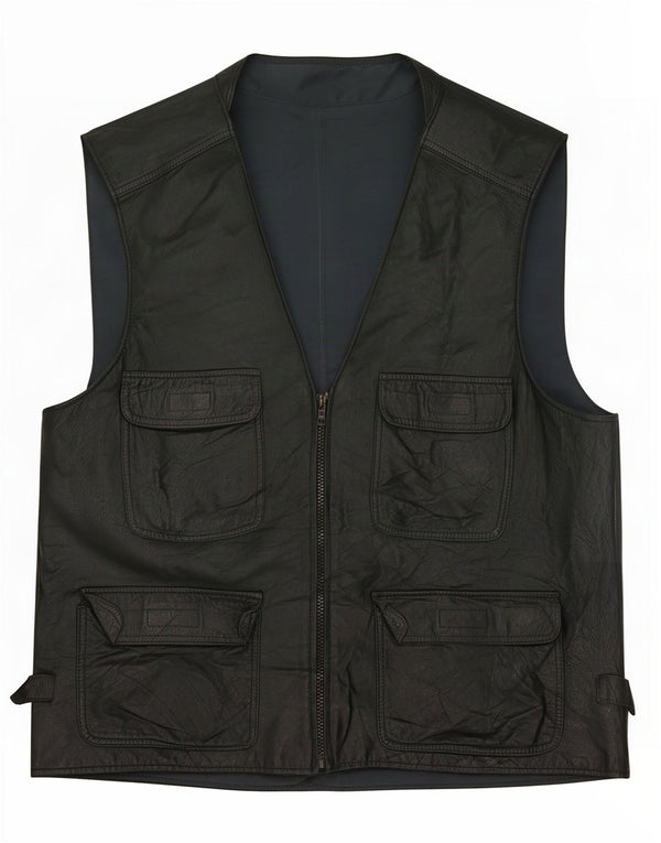vintage Mens Leather Utility Gilet UK 38 Moyen Noir