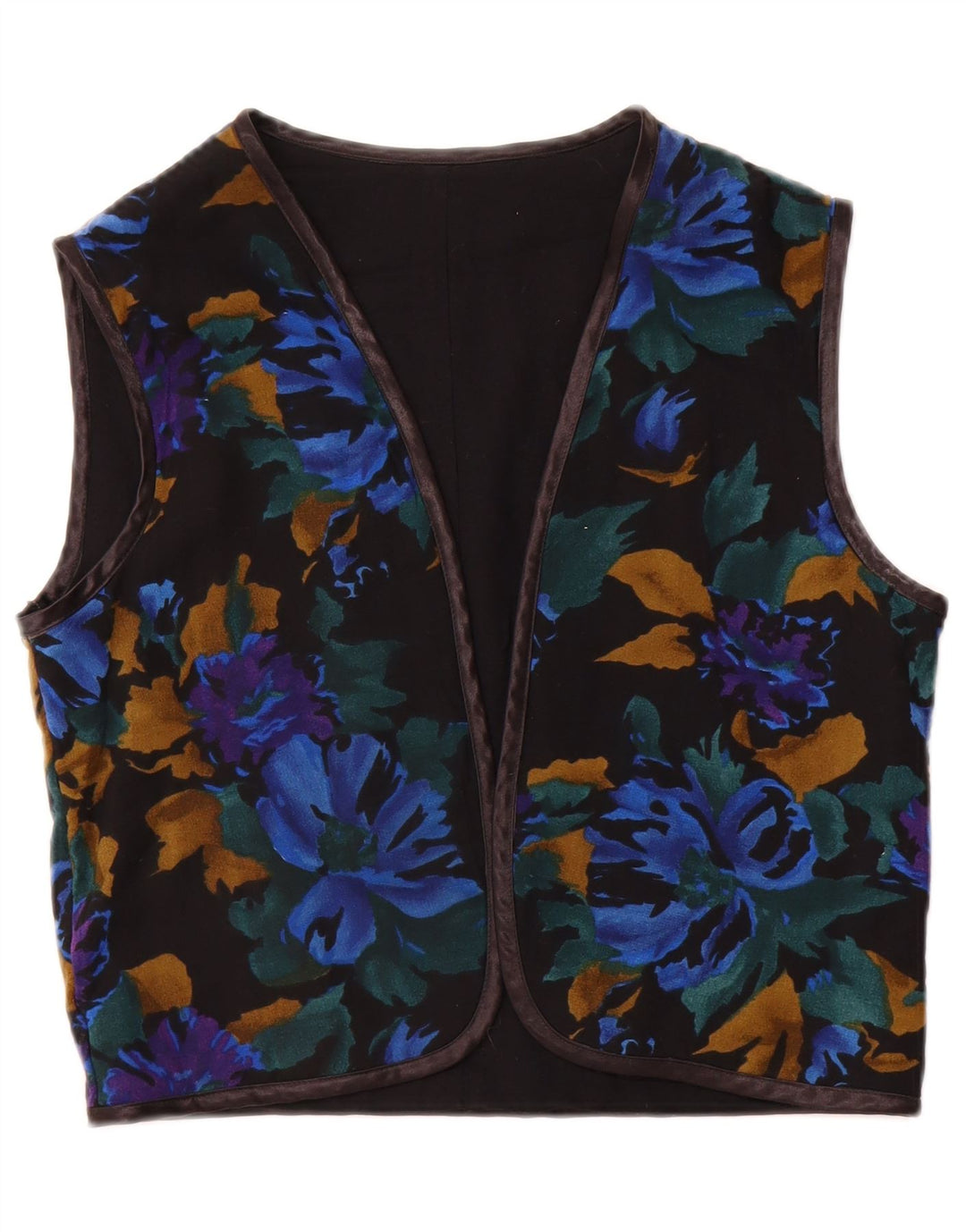 vintage Femmes OPEN Gilet UK 12 Moyen Noir Floral