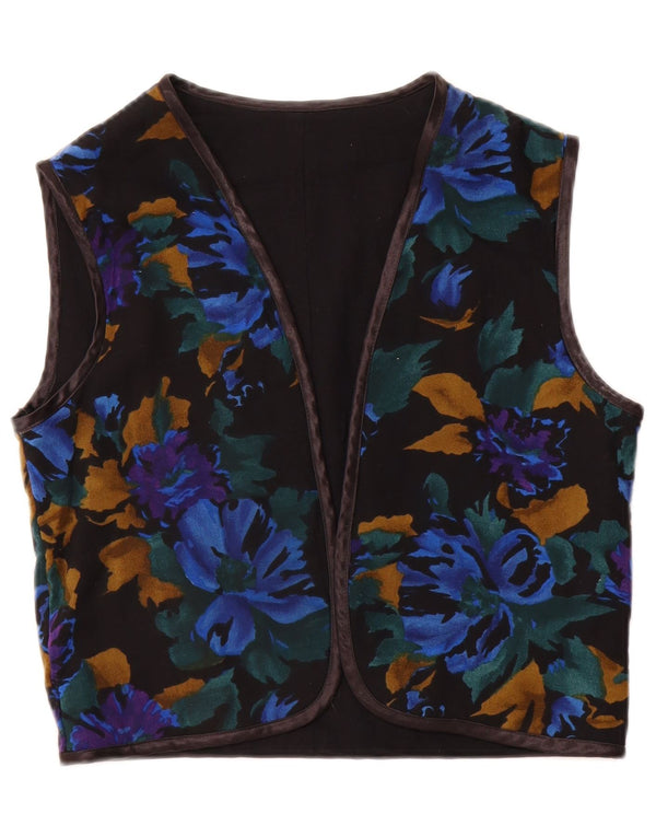 vintage Femmes OPEN Gilet UK 12 Moyen Noir Floral