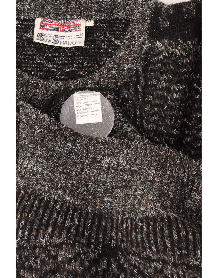 vintage Mens Boat Neck Jumper Pull Moyen Gris Géométrique Laine