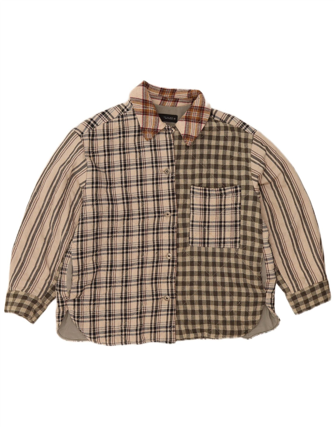 Zara Chemise en flanelle Lumberjack pour femme UK 16 Large Beige Patchwork Polyester