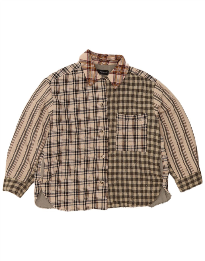 Zara Chemise en flanelle Lumberjack pour femme UK 16 Large Beige Patchwork Polyester